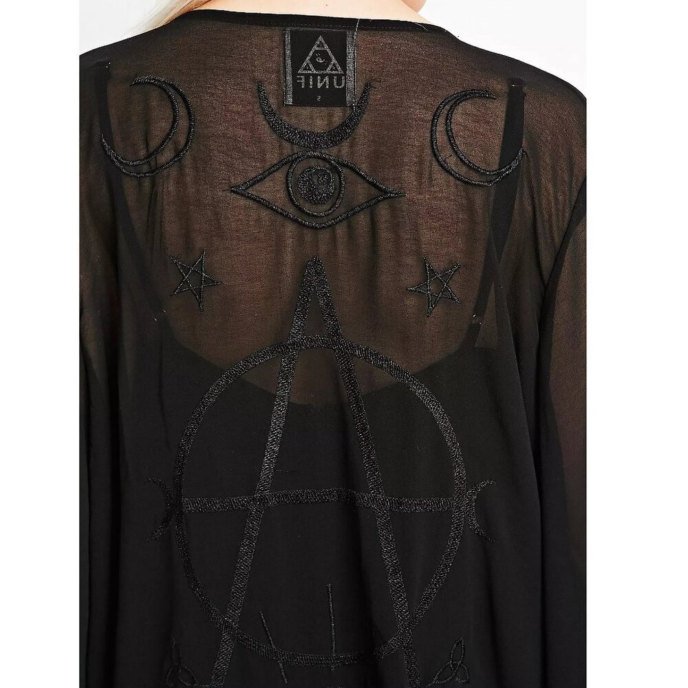 "🦋💋HOT ITEM! 💋🦋VTG 2013 UNIF Black "Wiccan" Embroidered Fringed Maxi Kimono - Picture 12 of 16